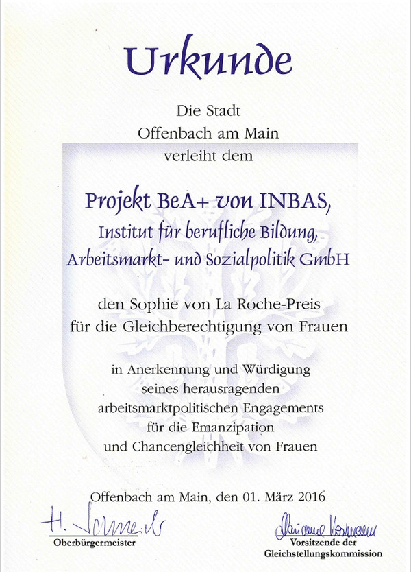 Urkunde des Sophie von La Roche-Preises 2016 für BeA+